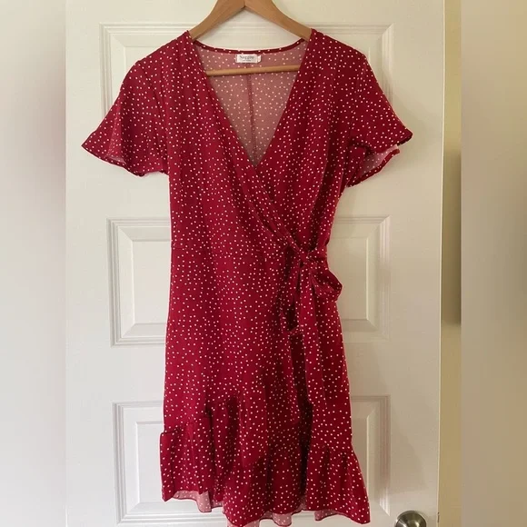 Red Polka Dot Wrap Dress, Size Small - Picture 2 of 9